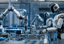 Robot humanoidalny współpracujący z przemysłowym ramieniem robota w nowoczesnej fabryce automatyki.
