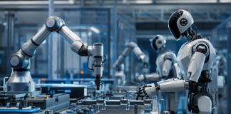 Robot humanoidalny współpracujący z przemysłowym ramieniem robota w nowoczesnej fabryce automatyki.