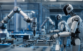 Robot humanoidalny współpracujący z przemysłowym ramieniem robota w nowoczesnej fabryce automatyki.