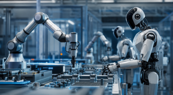 Robot humanoidalny współpracujący z przemysłowym ramieniem robota w nowoczesnej fabryce automatyki.